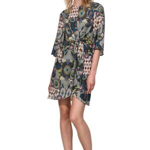 Desigual Mina Geometric Tie Front Dress 3/4 Sleeve Artsy Sz EU 40 *see msrmt B41